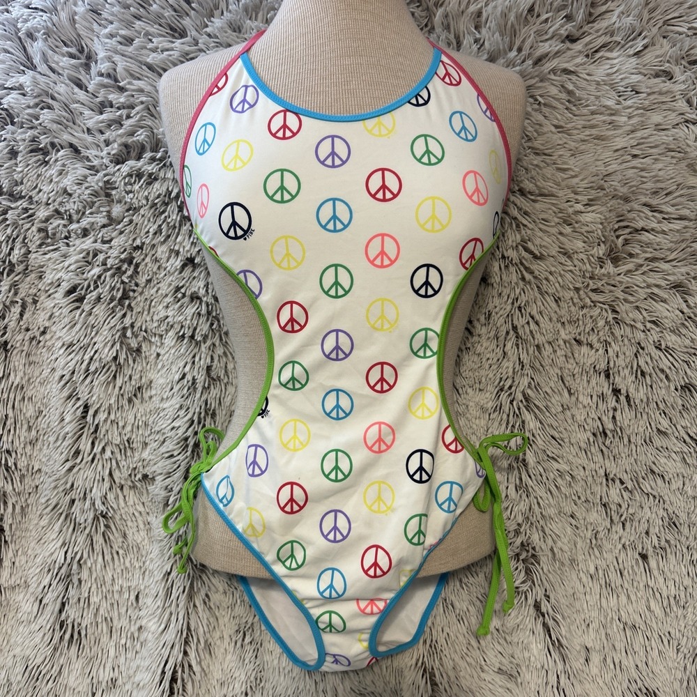 Vtg‎ Y2K Victoria's Secret PINK Monokini 1 Piece Cut Out Swim Polka Peace LARGE